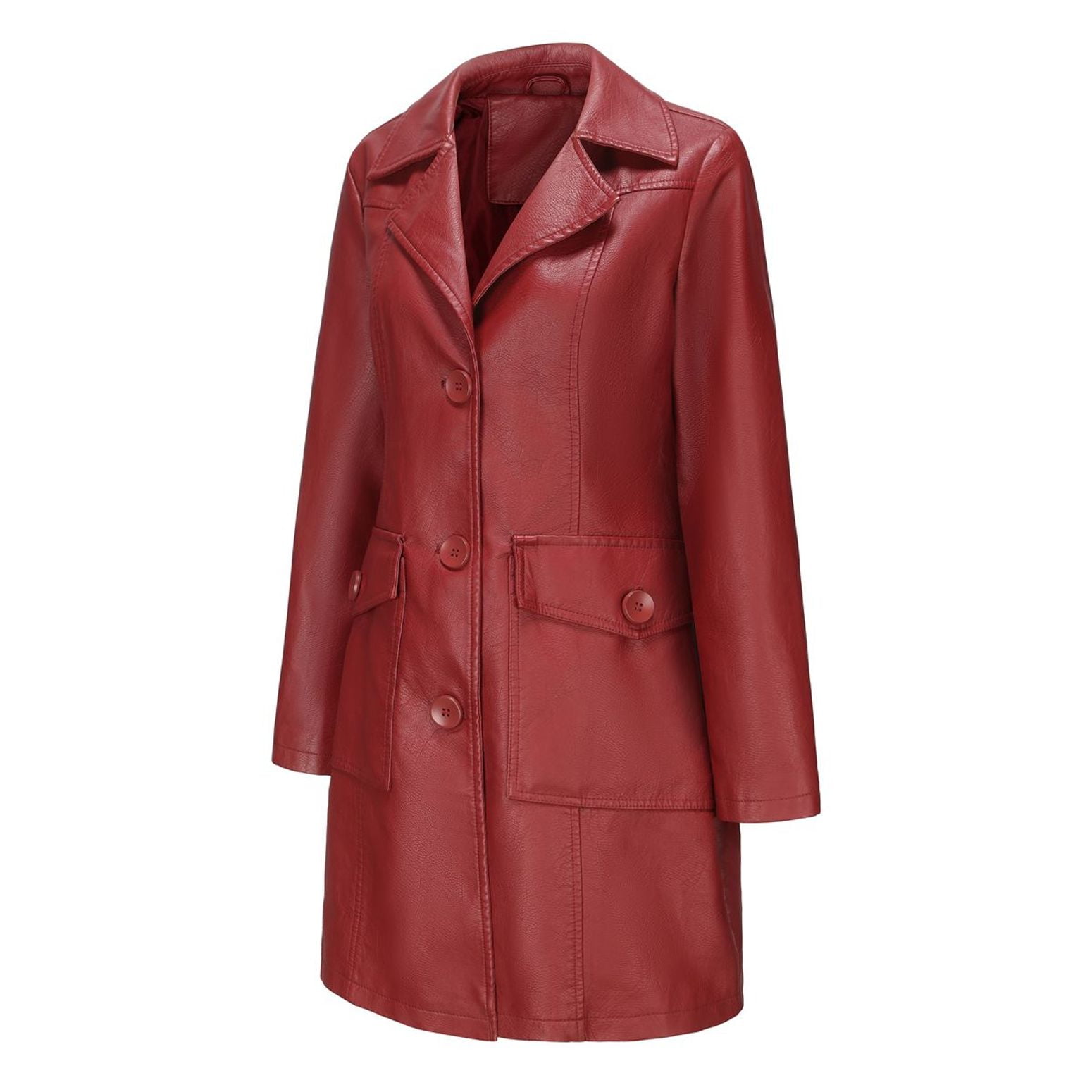 Defitshape Women's Pu Faux Leather Coat Button Down Pockets Single Breasted Trench Coat Casual Lapel Collar Long Sleeve Fall Top Long Blazer Jacket Burgundy 3X-Large