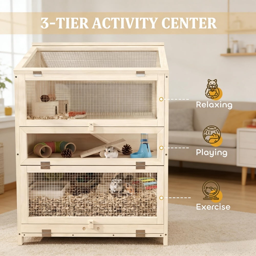 3-Tier Wooden Hamster Cage Small Animal Habitat with Clear PET Panels Slide-Out Tray & Lift-Up Mesh Top for Hamsters Gerbils Mice