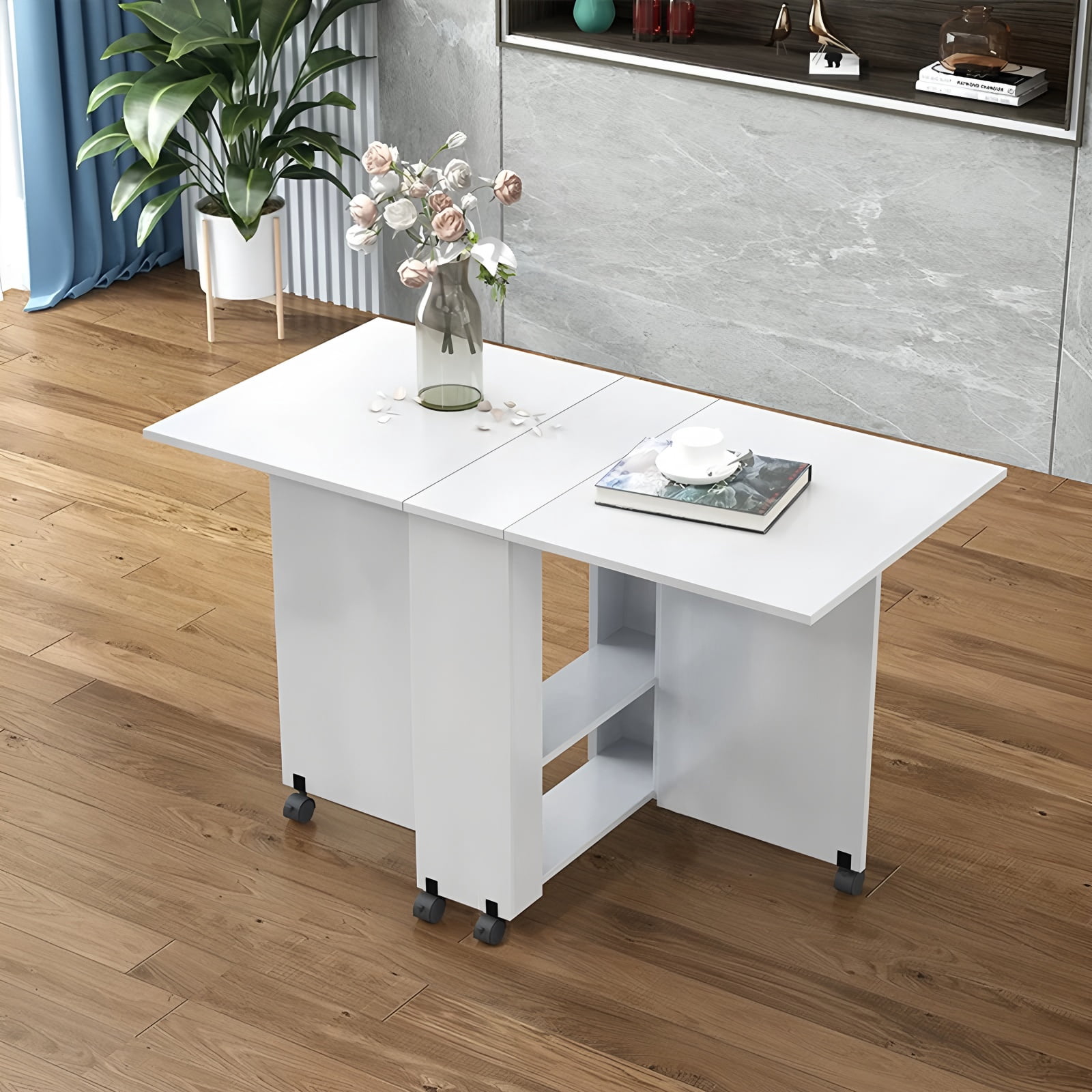 Folding Dining Table Drop Leaf Table with Wheels Space Saving Kitchen Table,&nbsp;with 6 Locking Wheels and 2 Storage Shelves, Extendable for Dining Desk and Console Use, White