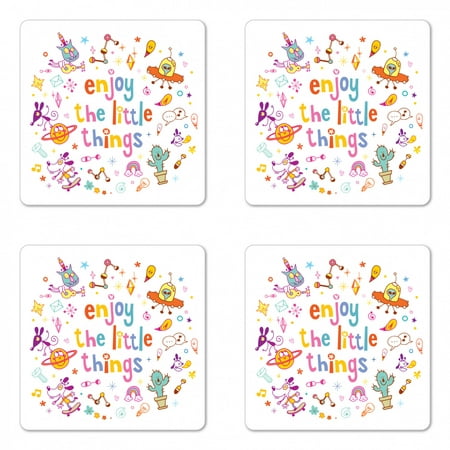 

Enjoy the Little Things Coaster Set of 4 Nursery Theme Whacky Cartoon Characters with Spirit Boosting Phrase Square Hardboard Gloss Coasters Standard Size Multicolor by Ambesonne