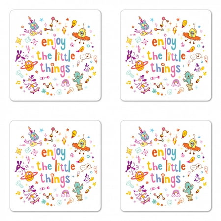 

Enjoy the Little Things Coaster Set of 4 Nursery Theme Whacky Cartoon Characters with Spirit Boosting Phrase Square Hardboard Gloss Coasters Standard Size Multicolor by Ambesonne