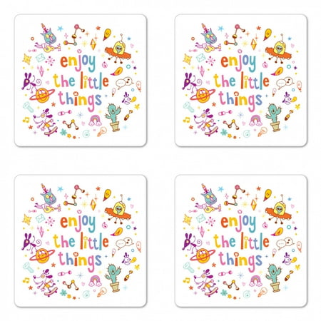 

Enjoy the Little Things Coaster Set of 4 Nursery Theme Whacky Cartoon Characters with Spirit Boosting Phrase Square Hardboard Gloss Coasters Standard Size Multicolor by Ambesonne