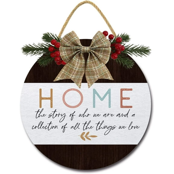 Eveokoki 12" Home Quotes Signs for Front Door Farmhouse Porch Rustic Round Wooden Hanging Wreaths for Housewarming Gift Christmas Festival Decoration Outdoor Indoor Wall Decor