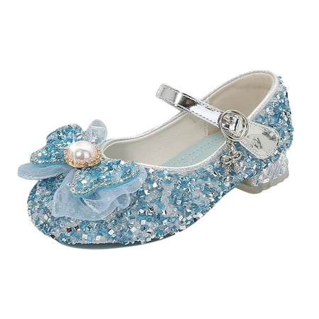 Huesdet Girls Dress Shoes Princess Shoes for Toddler Little Girl Mary Jane Low Heels Glitter Flower Party Wedding Footwear(Blue 8-9 Years)