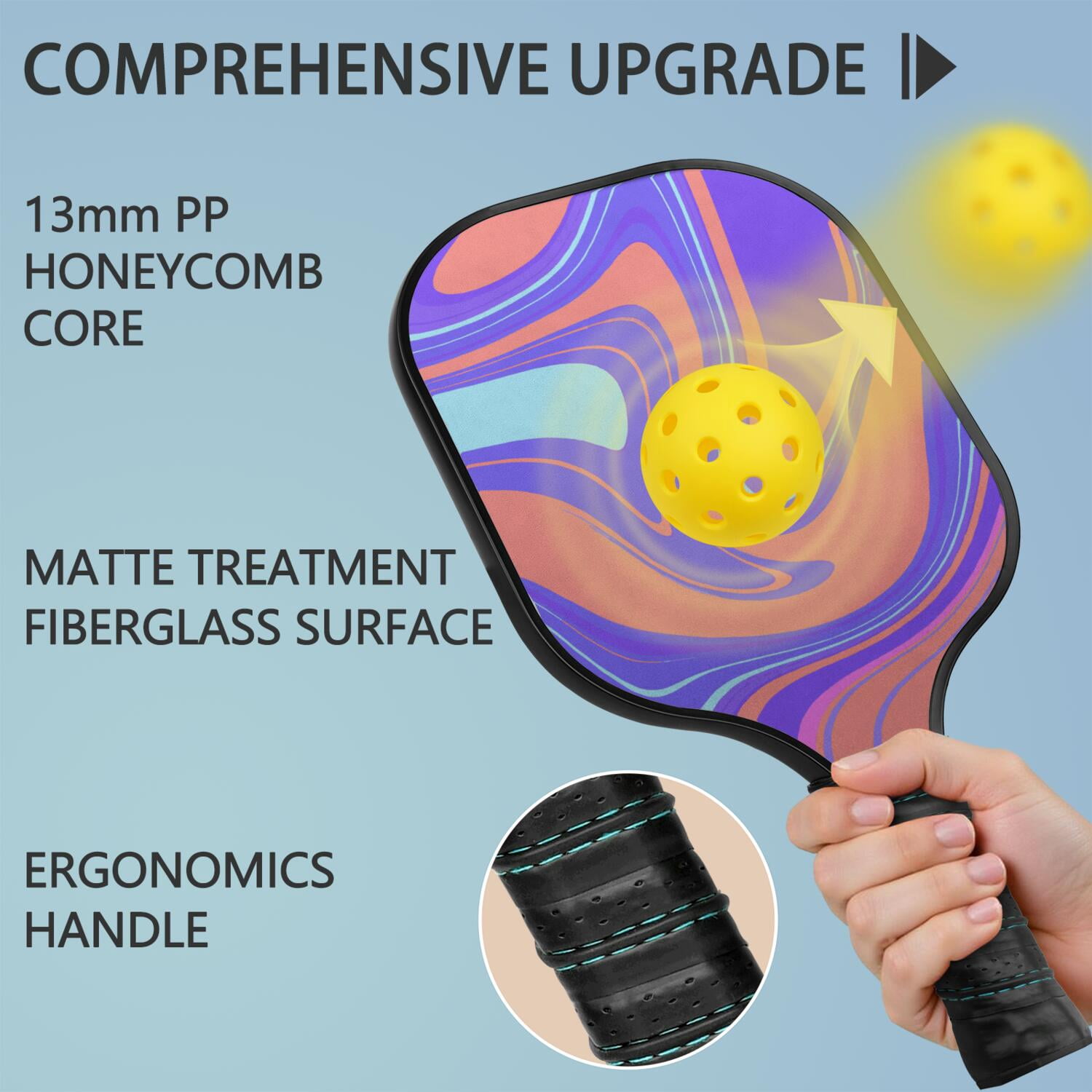 Pickleball Paddles Set Of 1, Fiberglass Surface, Liquid & Marble Print, 1 Paddles, 2 Balls & Bag