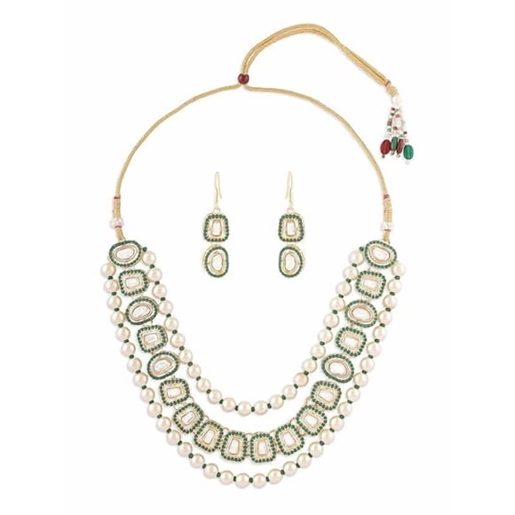 Dazzling Green & White Multilayer Beaded Stones Embellished Choker Necklace Set With & Earring Set For Women | Artificial Stones & Beads - Indian Weddings & Festivals Jewellery Set For Outfits