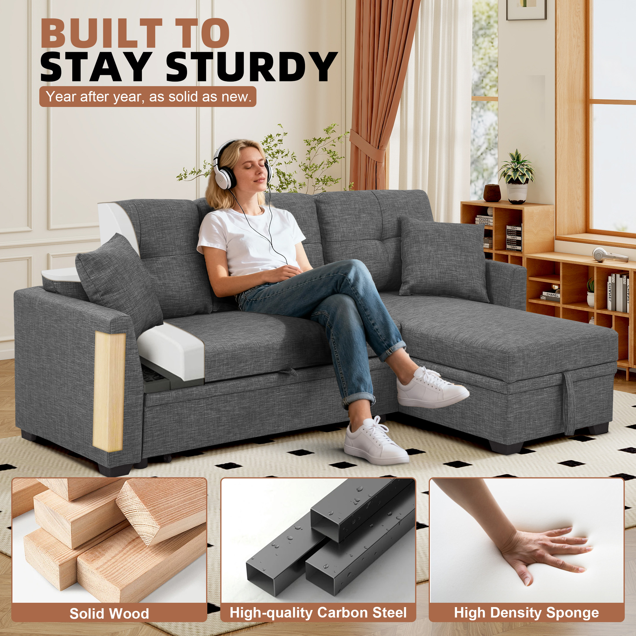 Aukfa Pull-Out Sleeper Sofa Bed with Storage Chaise, Reversible Loveseat for Living Room, Linen, Light Gray