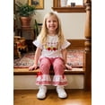 thumbnail image 5 of BemeyourBBs Toddler Baby Girl Back to School Outfit Kids Pre Kindergarten Outfits Little Baby Girl Summer Clothes Short Sleeve Ruffle Trim Bow Pencil Print T Shirt Tops Flared Pants Sets, 5 of 9