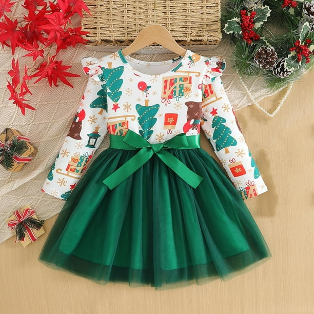 Cowsor Little Girl Ruffle Fall Winter Long Sleeve Dress Printed Party Holiday Clothes