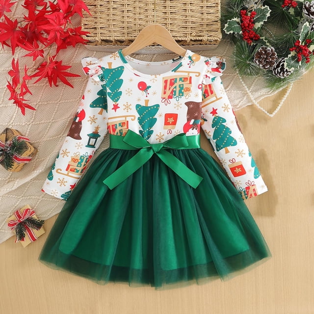 Cowsor Little Girl Ruffle Fall Winter Long Sleeve Dress Printed Party Holiday Clothes