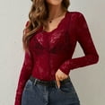 thumbnail image 2 of bnaln Womens Tops Lace Long Sleeve Tops Slim Fit T Shirts V Neck Floral Lace Shirts Blouses Sexy See Through Tees Shirts Party Club Night Bodycon Blouses Tunic Tops Y2K Going Out Tops, 2 of 7