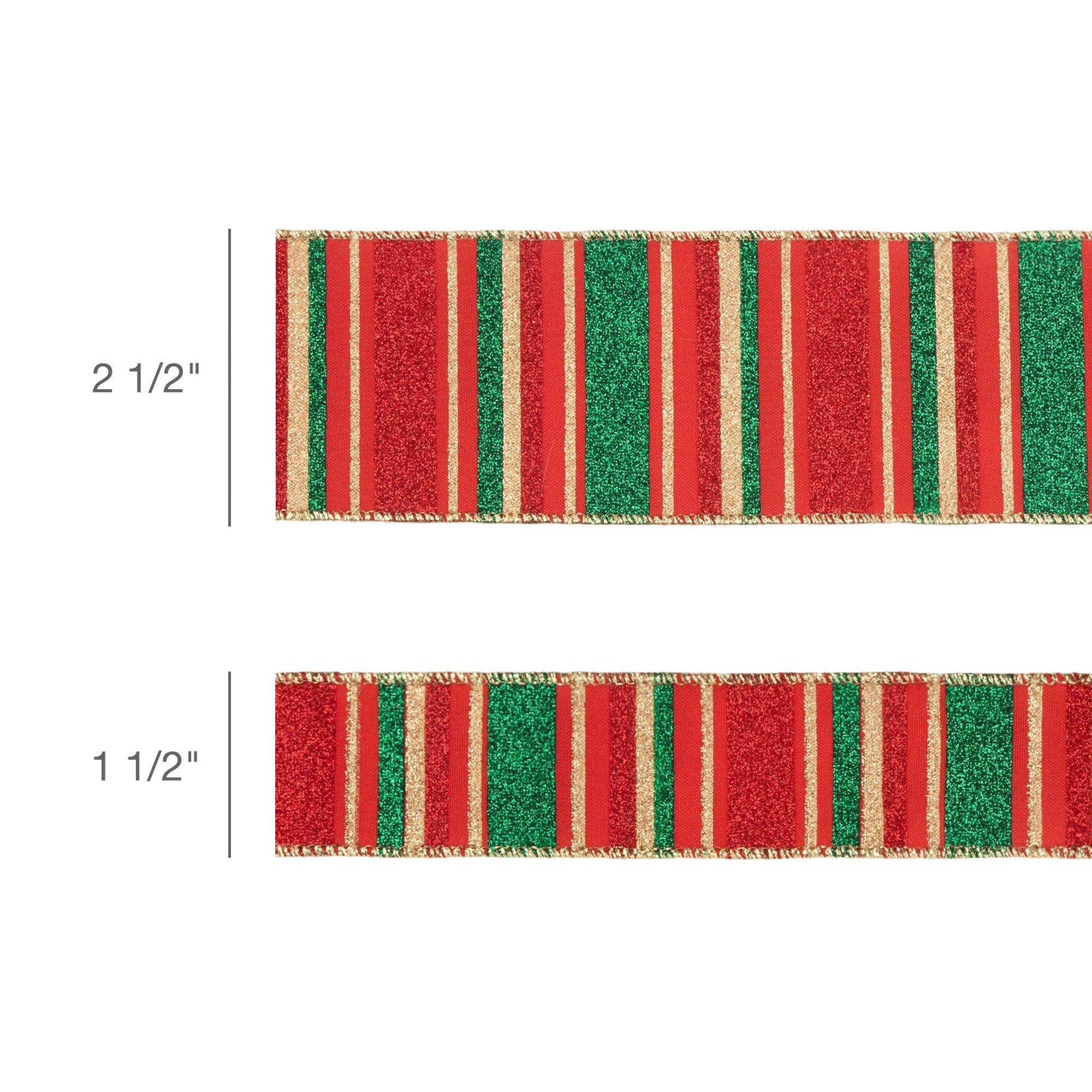 LaRibbons 2 1/2" Wired Ribbon, Red, Green, Gold Horizontal Glittered Stripes on Red, 10 Yard Roll