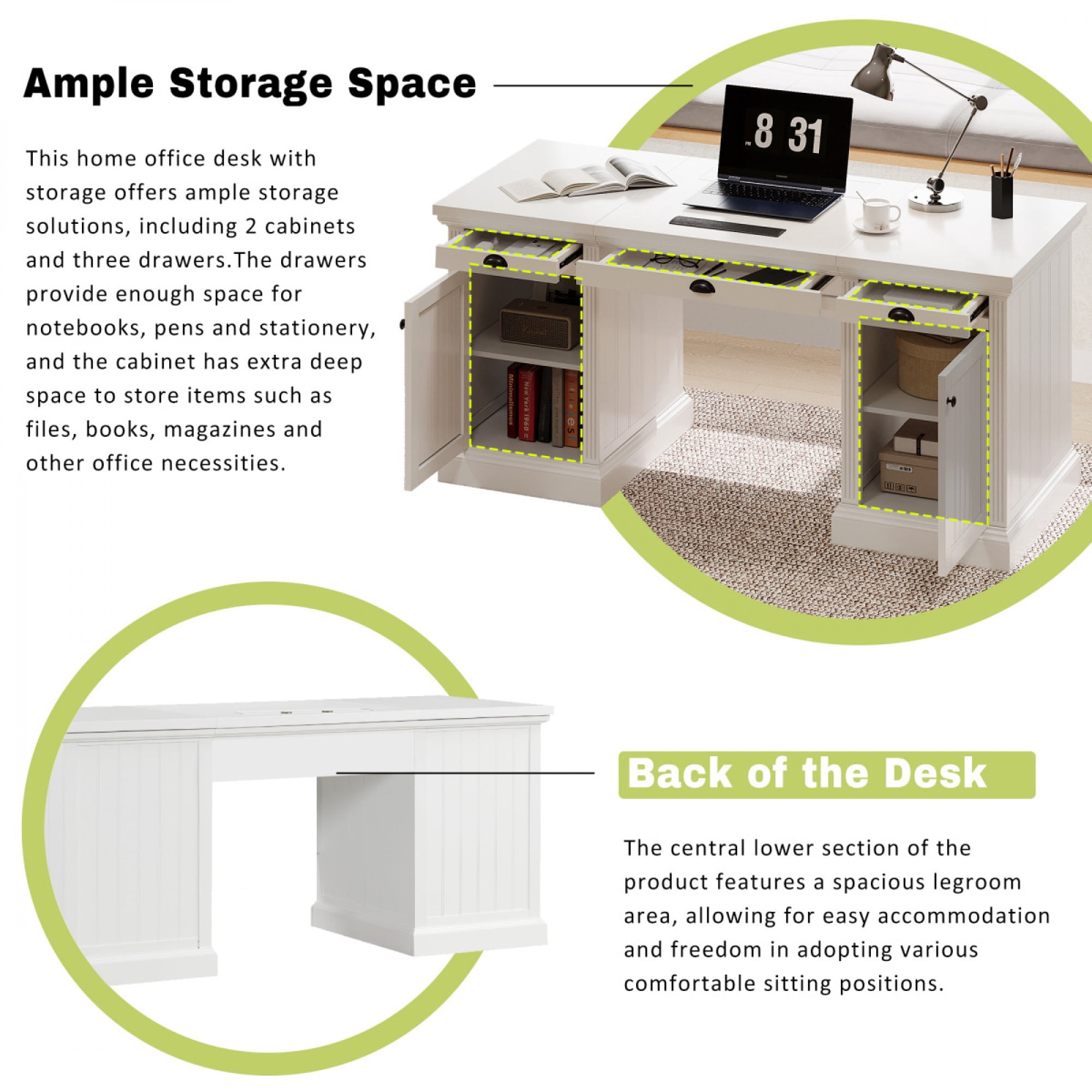 67" Modern Executive Desk,Computer Desk with 2 Wooden Doors Storage Cabinet and 3 Drawers,Reading Writing Table Workstation for Home Office, Living Room,Study,White