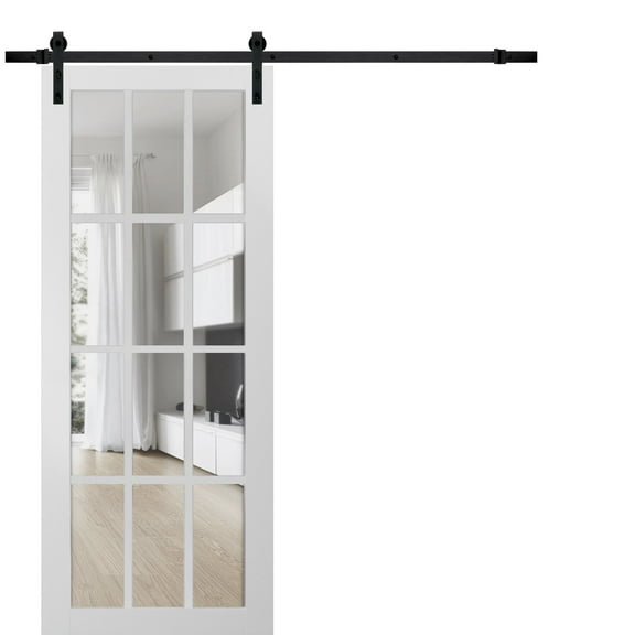 Sturdy Barn Door 12 lites Clear Glass | Felicia 3355 White Silk | 6.6FT Rail Hangers Heavy Hardware Set | Solid Panel Interior Doors-36" x 96"-Black Rail