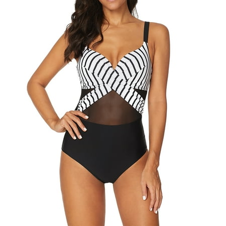 Women's Swimwear V-Neck Swimsuits Monokini Stripe Sexy Mesh Bathing Suit One Piece