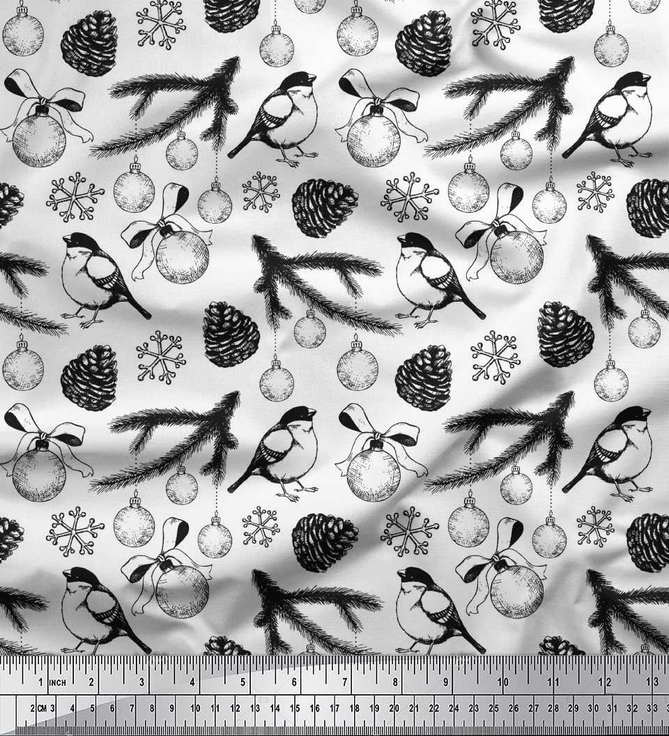 Soimoi Black polyester Georgette Fabric Spruce Leaves, & Baubles Christmas Printed Craft Fabric by the Yard 52 Inch Wide