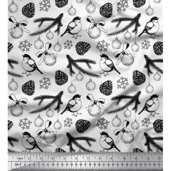 Soimoi Black Cotton Voile Fabric Spruce Leaves & Baubles Christmas Print Fabric by the Yard 42 Inch Wide