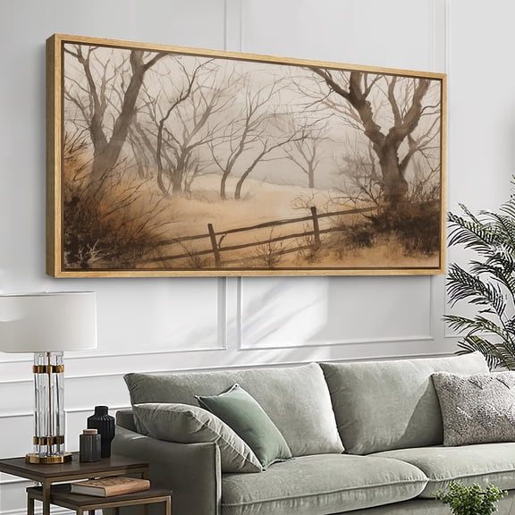 Large Framed Canvas Wall Art Rustic Country Landscape Print for Living Room Decoration - 60"x30" Natural Frame