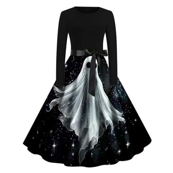 Enjoytime Dresses for Women Vintage Print Long Sleeve Crew Neck A-Line Midi Dress Side Bow Drop Shoulder Witch Costume