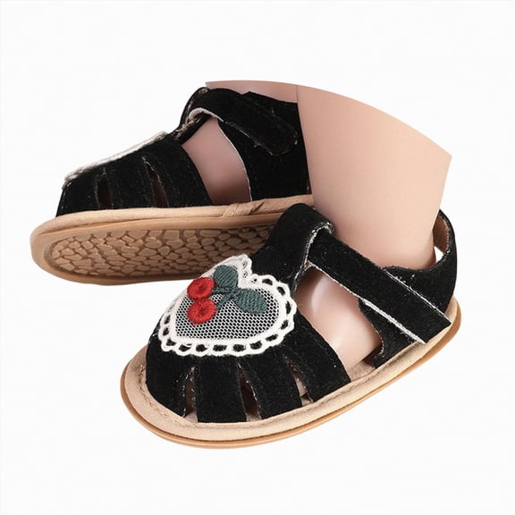 WUANDIXFA Shoes Baby Girl Baby Girls Sandals Summer Cherry Embroidery Anti-Slip Soft Sole Flats Walking Shoes for Toddler Newborn Black,Size US 3