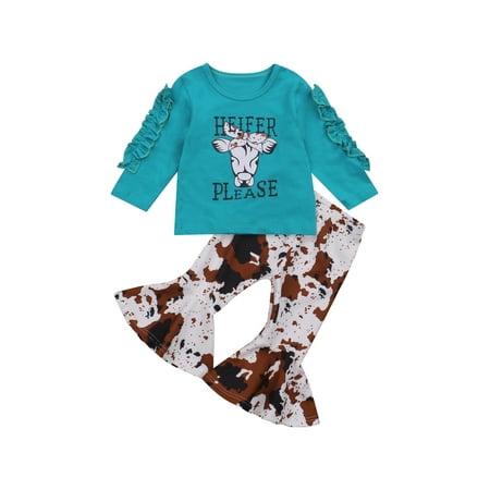 

IZhansean Toddler Baby Girls Outfits Long Sleeve Cartoon Cow Head Print Top & Flare Pants Set Kids Clothes Blue 4-5 Years