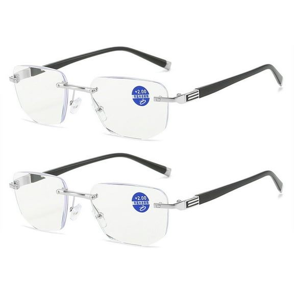 2 Pairs of Men Anti-Blue Reading Glasses 1.00 Rimless Silver Presbyopia Glasses Business Metal Readers 1.00