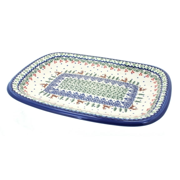 Blue Rose Polish Pottery Reindeer Delight Medium Rectangular Serving Platter