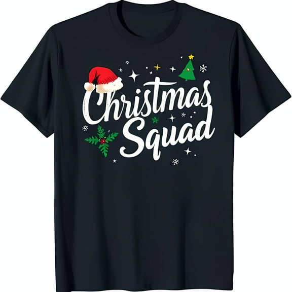 Festive Christmas Squad Graphic Tee Dark Blue T-Shirt with Santa Hat & Tree Design