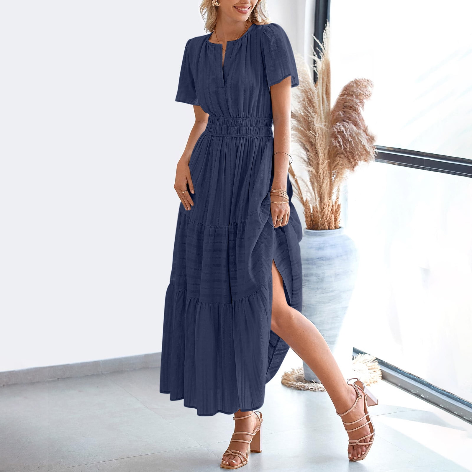 Lorytime Women's Casual Dresses V Neck Blue Summer Short Sleeve Midi Dress Pleated Tiered Hawaiian Flowy Coverup Calf Length Dresses Solid Dress Loose Vacation Fashion Clothes XL