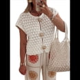 thumbnail image 1 of Suéter de Corta para Mujer, Cuello Redondo, Cárdigan de Punto de Crochet Calado, Camisas Casuales de Verano con Botones. M, 1 of 7