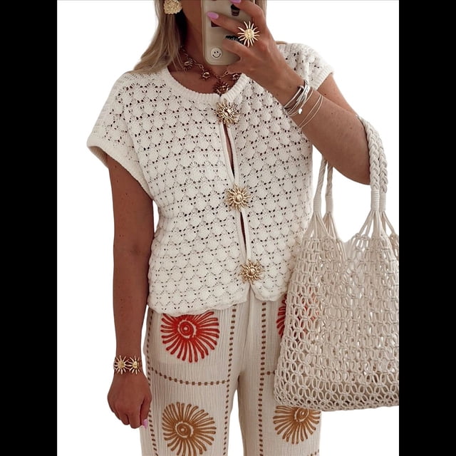 Suéter de Corta para Mujer, Cuello Redondo, Cárdigan de Punto de Crochet Calado, Camisas Casuales de Verano con Botones. M