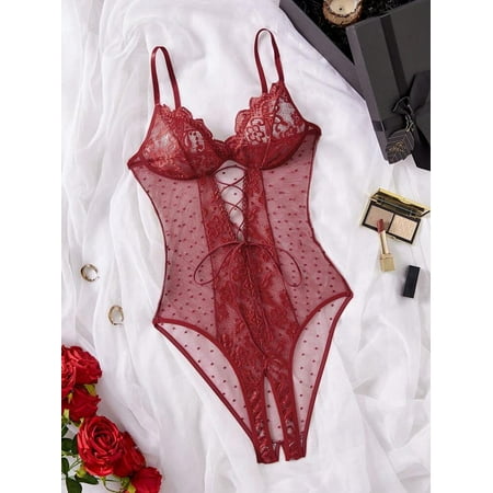 Red Lace Bodysuit Sheer Crotchless Lingerie