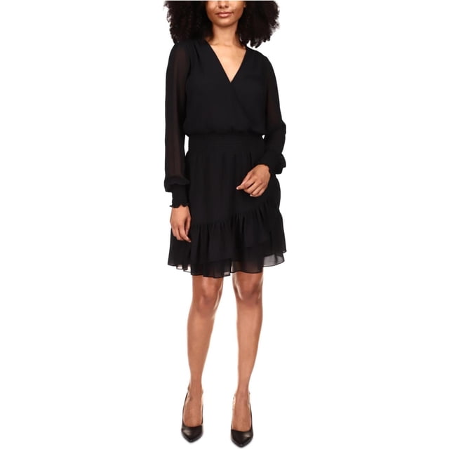 Michael Kors Womens Solid Ruffle Surplice Dress, black, XS