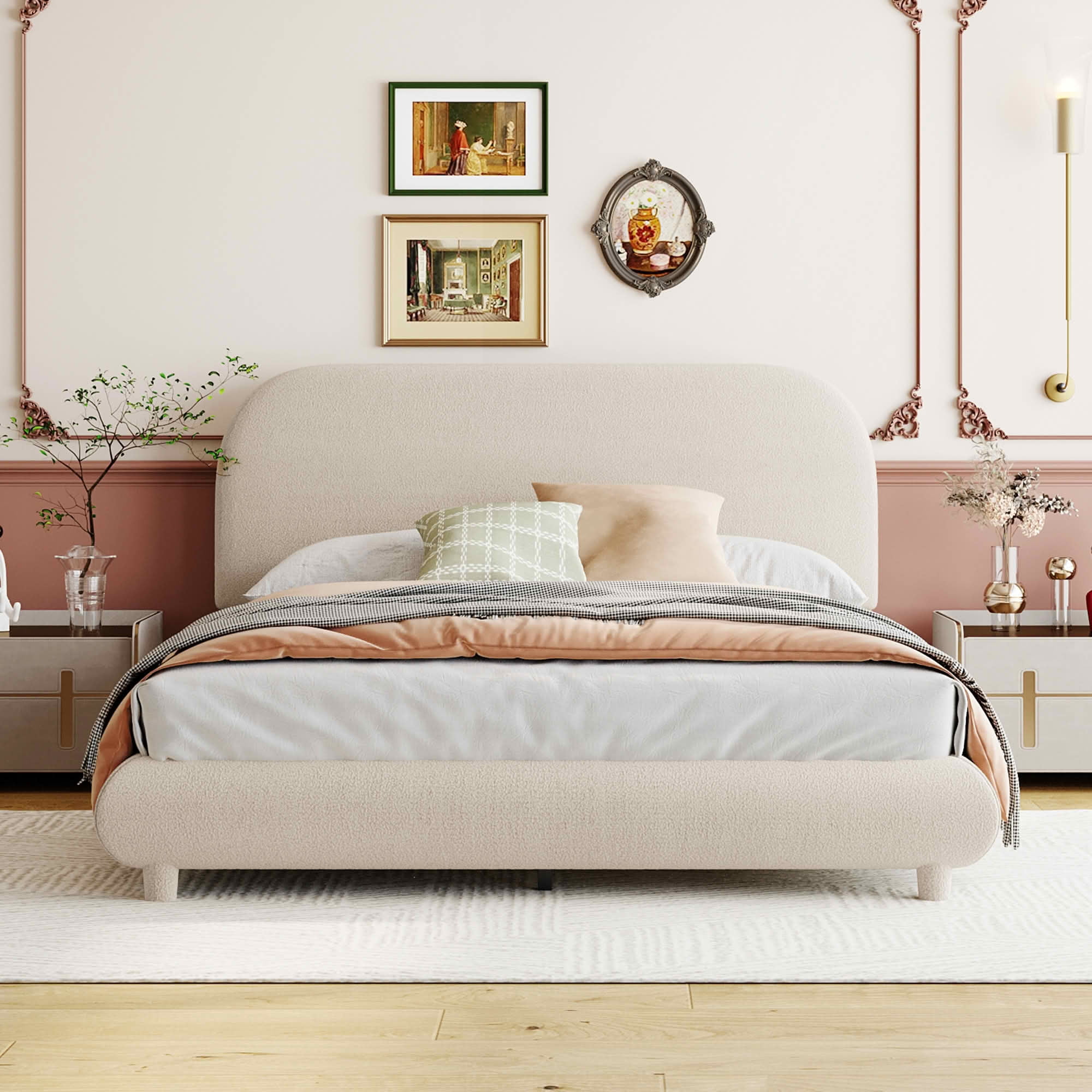 MAYEERTY Teddy Fleece Upholstered Platform Bed with Curved Design, Sturdy MDF Frame & Easy Assembly
