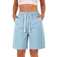 thumbnail image 2 of Cargo Shorts for Women Only Moment Womens Longer Shorts for Summer Chemical Fiber Blends Comfy Cotton Elastic Waist Drawstring Casual Shorts with Pockets Sky Blue,L, 2 of 9