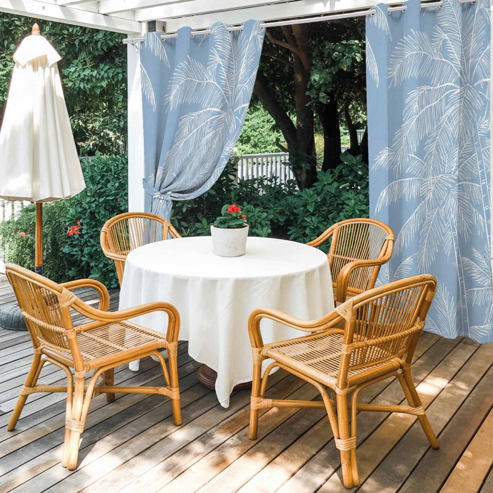 Summer Beach Outdoor Curtains for Patio, Graffiti White Palm Trees Abstract Plant Blue Coastal Sunshade Privacy Drapes Grommet Waterproof Outside Curtains for Porch/Cabana/Balcony 54"x 108", 1 Panel