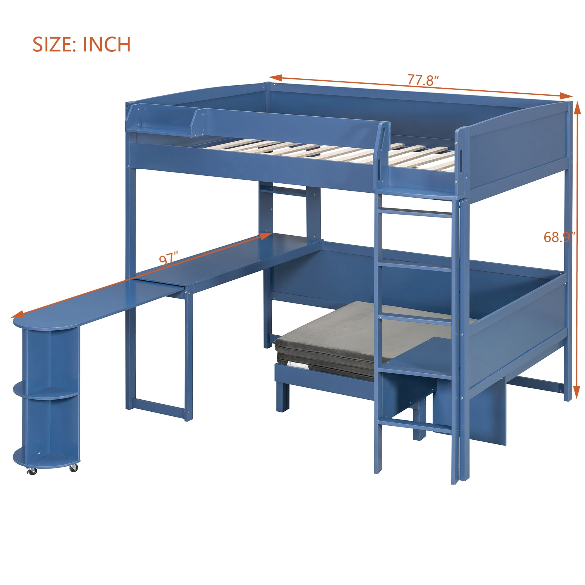 Mintazer Full Size Loft Bed with Desk, LED Light, Bedside Storage Shelf & Sofa Bed Space Saving for Apartment, Bedroom, Navy Blue