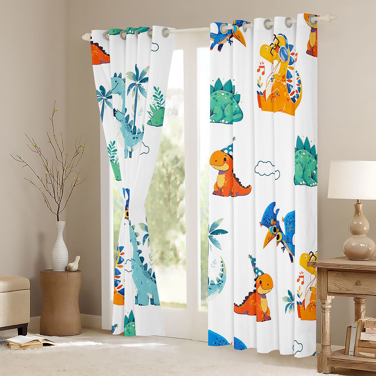 Homewish Cute Dino Curtains Pack of 2 (42x84 Each),Cartoon Dinosaur Curtains Blackout,White Blue Orange Bedroom Curtains For Boys Teens,Breathable Home Decor