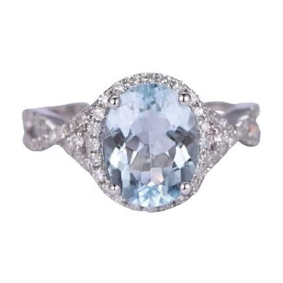 HeartsAndYou 3ct Natural Blue Aquamarine & Diamond Ring Halo 100% REAL 14k SOLID White Gold
