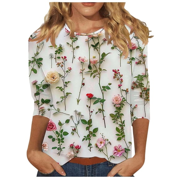 BangWanChi 3/4 Length Sleeve Womens Tops Women's Fashion Printed T-Shirt 3/4 Sleeves Blouse Round Neck Casual Tops