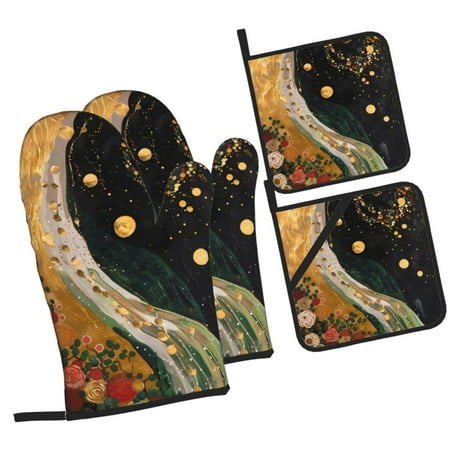 

Tebeau Abstract Gold Floral Galaxy Print 4 Pcs Oven Mitts and Pot Holders 500°F High Heat Resistant Kitchen Oven Mitts with Pot holders Long Oven Mitts for Baking and Cooking