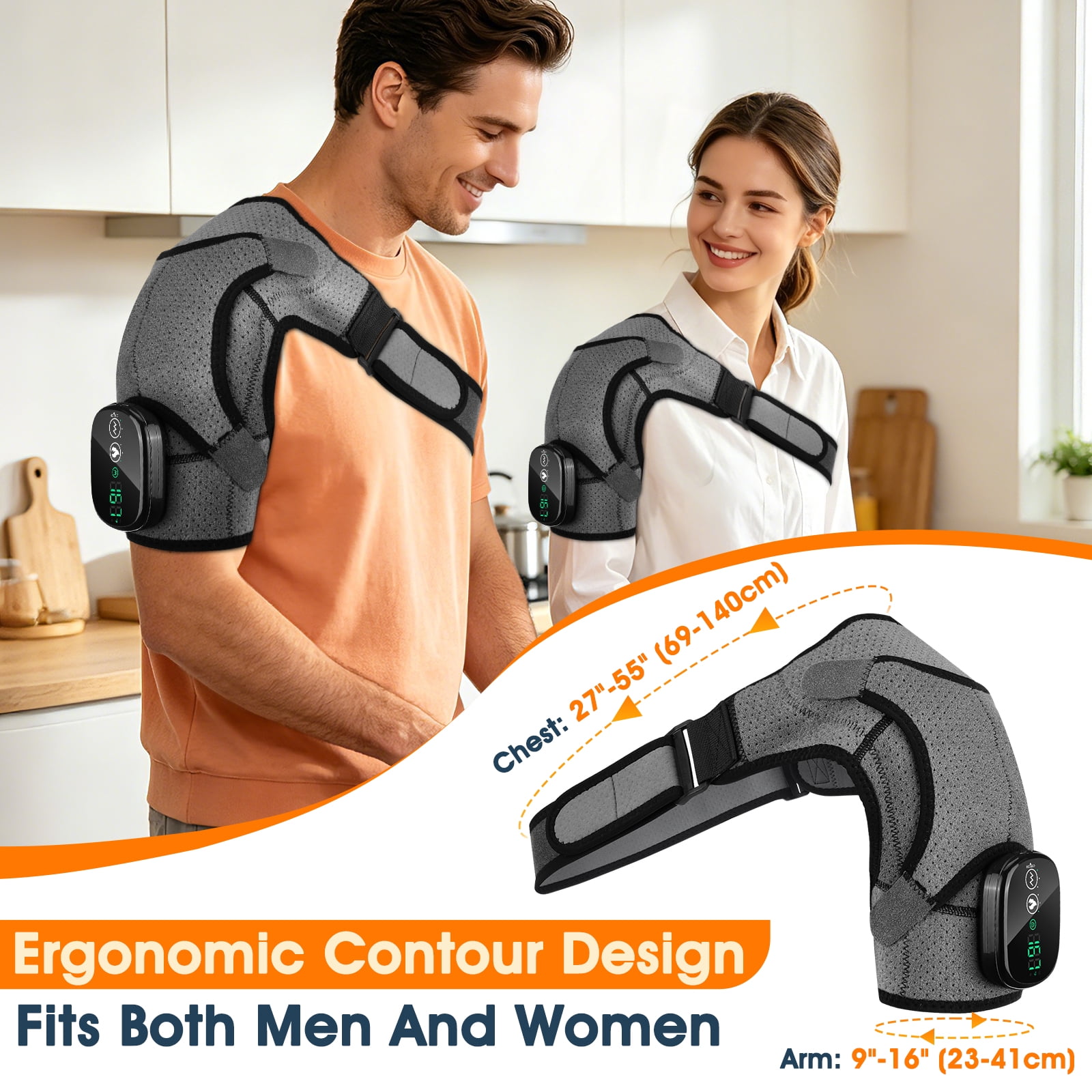 Heated Shoulder Brace Wrap, Electric Shoulder Heating Pad with Massage, Cordless Heated Shoulder Massager with 3 Heat & Vibration for Men Women,Gray