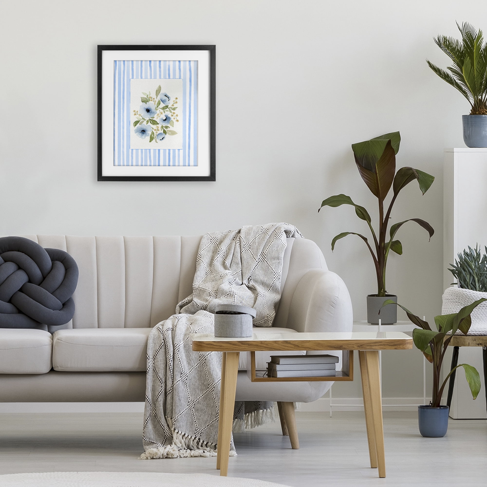 Stupell Industries Flowers with Blue Stripes Black Framed Print Under Glass, design by Leah Noel Art