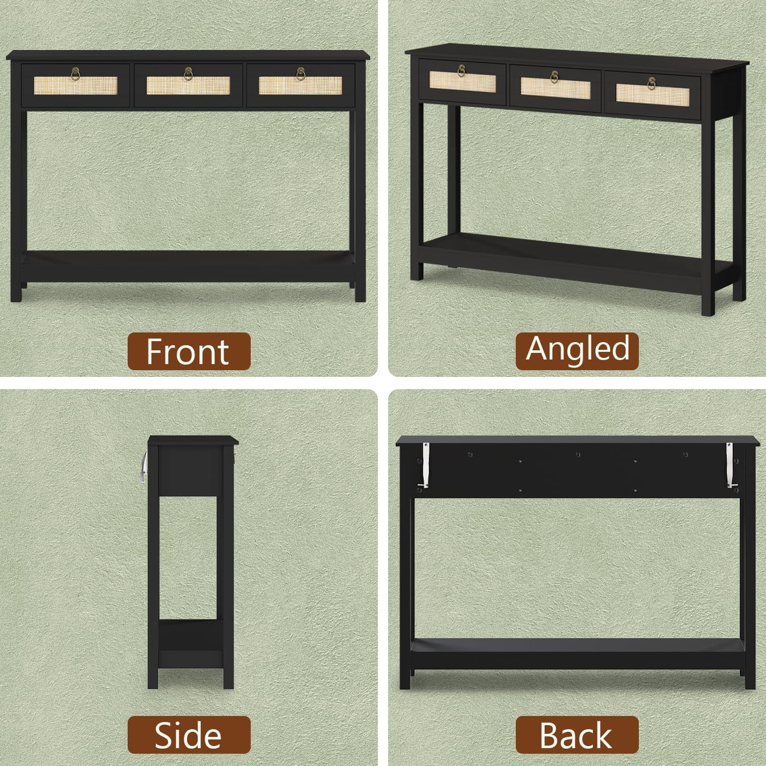 LAZZO 47" Boho Rattan Console Table, Narrow Entryway Table with 3 Drawers & Open Shelf, Balck