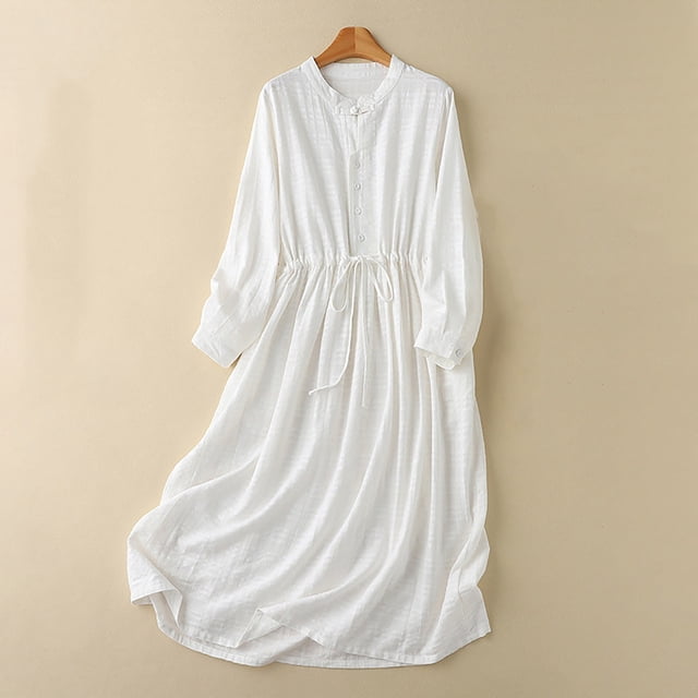 Gspmoly Robes d'Été, Robe Longue à Manches Longues à Col Rond en Mousseline et Maille Unie pour Femmes, Robes Habillées pour Femmes en Liquidation