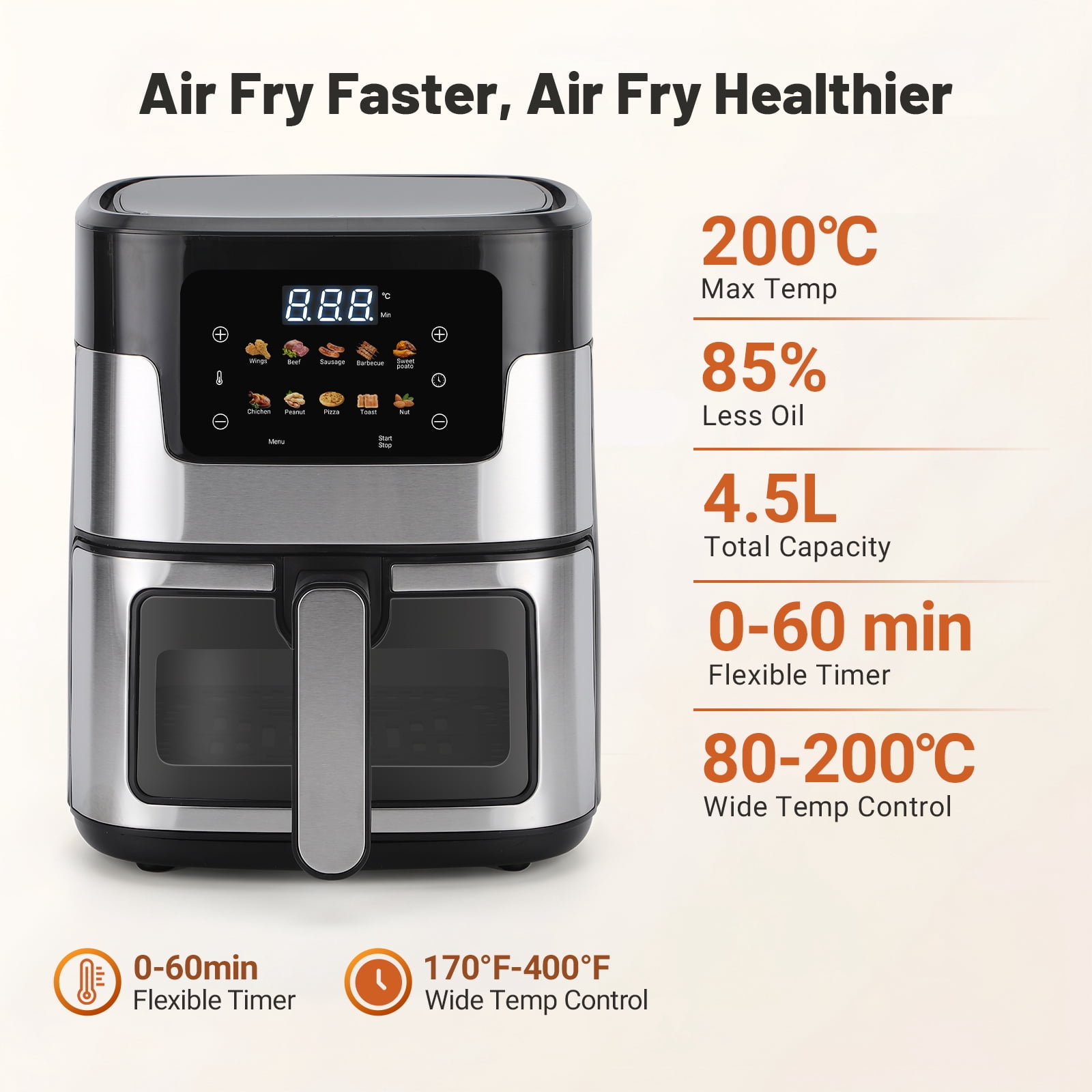 1. 4.5L Digital Air Fryer with Touch Screen, 10 Preset Modes, 360° Air Circulation for Oil-Free Cooking