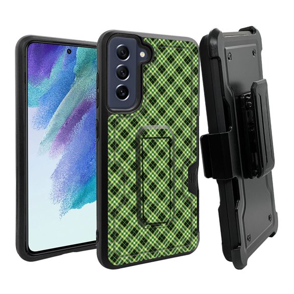ANJ  Rugged Dual Layer Hybrid Holster Kickstand Case w/ Card Slot   Tempered Glass Cover for Samsung Galaxy S21 FE 5G - Green Checkers