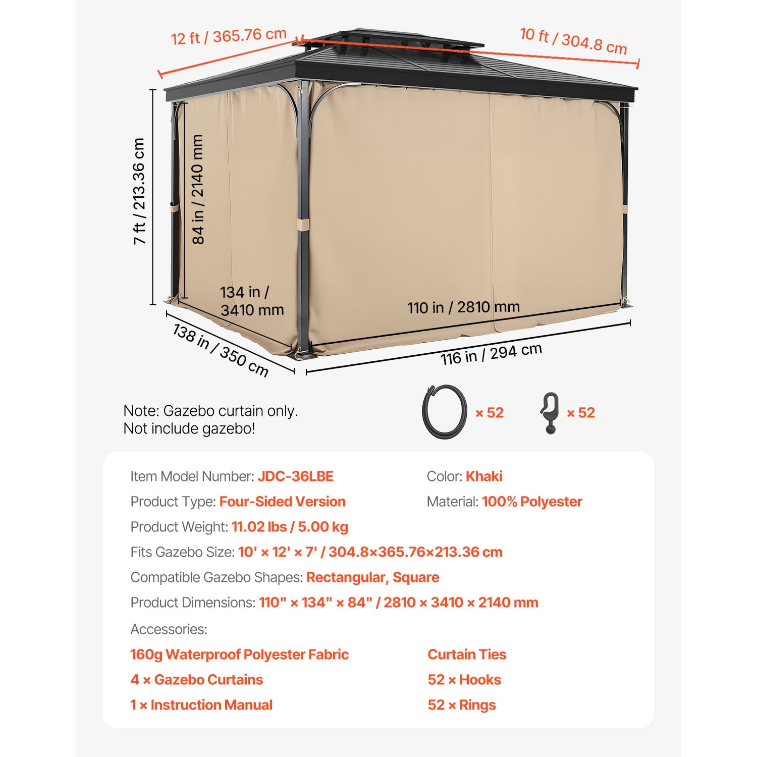KFFKFF Outdoor Gazebo Privacy Curtains, 12' x 10' x 7', 4-Panel Sidewalls with Zippers Khaki