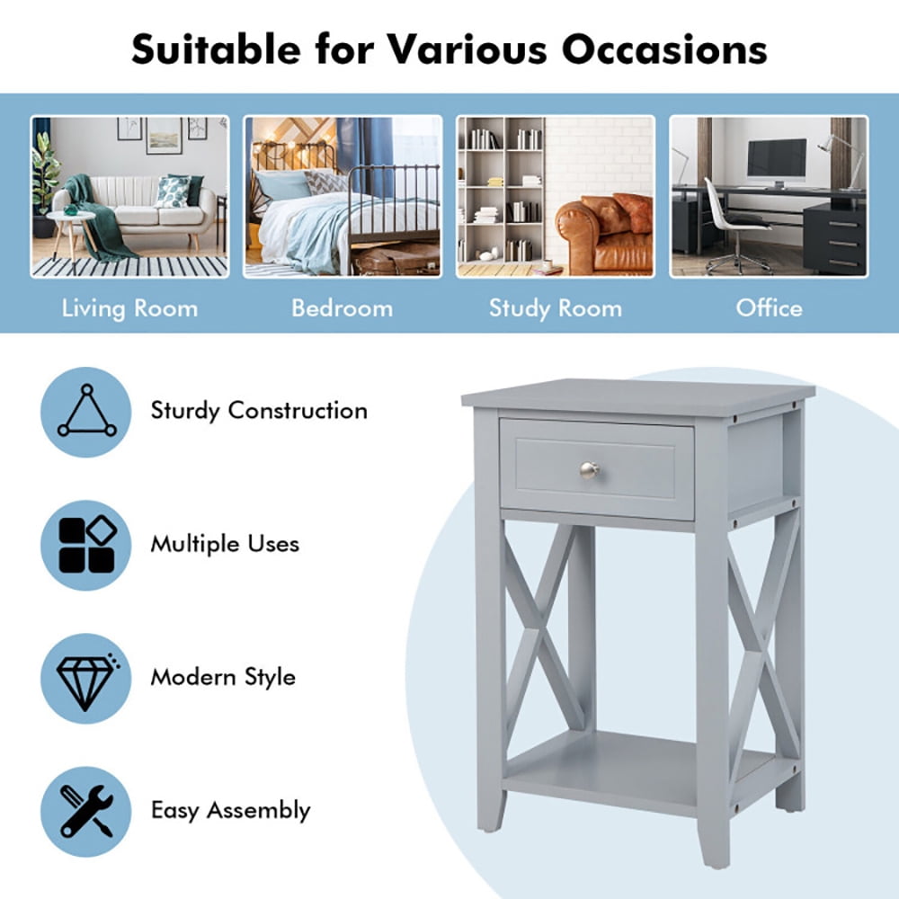 Finihen End Table, Sofa Side End Table with Drawer and Shelf, for Living Room, Bedroom, Gray Finihen End Table, Sofa Side End Table with Drawer and Shelf, for Living Room, Bedroom, Gray