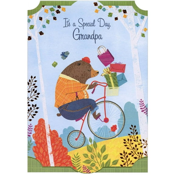 Designer Greetings Bear Riding Bicycle Up a Hill Die Cut Top Fold Birthday Card for Grandpa